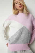 Happiness İstanbul Women's Pink Ecru Color Block High Neck Knitwear Sweater