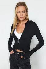 Trendyol Black Hooded and Zippered Ribbed Fitted Crop Stretch Knit Blouse Trendyol Black Hooded and Zippered Ribbed Fitted Crop Stretch Knit Blouse