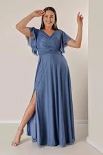By Saygı Double Breasted Neck Front Draped Lined Plus Size Long Silvery Dress with Flounce Slit on the Sleeves