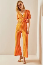 XHAN Orange Double-breasted Collar Striped Jumpsuit