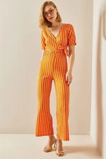 XHAN Orange Double-breasted Collar Striped Jumpsuit