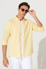 AC&Co / Altınyıldız Classics Men's Yellow Tailored Slim Fit Slim-fit Oxford Buttoned Collar Linen-Looking 100% Cotton Flared Shirt.