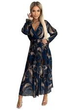 Pleated chiffon long dress with a neckline, long sleeves and Numoco belt