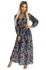 Pleated chiffon long dress with a neckline, long sleeves and Numoco belt
