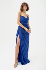 Lafaba Women's Saxe Blue Chest Draped Slit Silvery Evening Dress