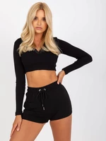 Basic Black Short Sweatshirt Shorts with Tie