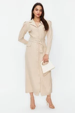 Trendyol Stone Belted Linen Look Woven Shirt Dress