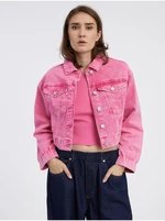 Tmavě růžová dámská crop top džínová bunda Pieces Liv - Dámské
