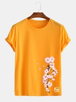 Mens Cherry Print Japanese Style O-Neck Short Sleeve T-Shirt