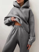 Women Elegant Solid Suits Warm Hooded Sweatshirt with Long Pant Casual Two Piece Sets
