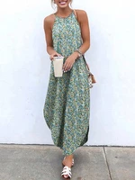 Women Floral Print Sleeveless Sling Split Hem Thin Casual Holiday Maxi Dress