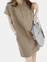 Solid Pocket Button Front Casual Dress With Belt