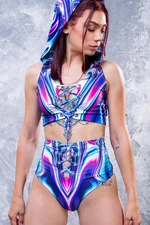 Sexy Rave Crop Top and Shorts - Rave Outfit Women - Psychedelic Short Top - Sexy Rave Set - Hooded Rave Top - Rave Tied Up Set