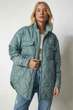 Happiness İstanbul Women's Aqua Green Oversized Quilted Coat with Snap fastener