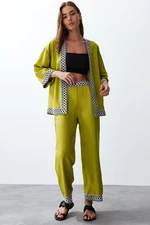 Trendyol Oil Green Embroidered Kimono Trousers Woven Bottom-Top Set