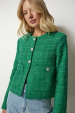 Happiness İstanbul damska zielona tweedowa kurtka zapinana na guziki