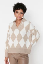Trendyol Beżowy Oversize Miękki Teksturowany Wzorzysty Sweter Z Dzianiny
