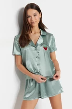 Trendyol Mint Embroidered Satin Shirt-Shorts Woven Pajama Set