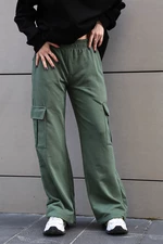 Madmext Women's Khaki Green Wide Leg Cargo Pocket Sweatpants