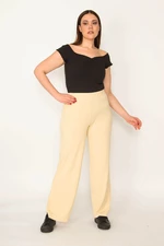 Şans Women's Plus Size Yellow Striped Elastic Waist Trousers