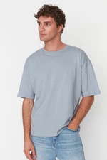 Trendyol Grey Basic 100% bawełna z okrągłym dekoltem Oversize/Wide Fit Koszulka Z Krótkim Rękawem