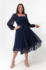 Lafaba Women's Navy Blue Square Collar With Belt, Midi Chiffon Plus Size Evening Dress.