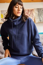 Olalook Women's Navy Blue Long Turtle Soft Textured Thick Sweatshirt