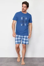 Trendyol Indigo Plaid Regular Fit Knitted Shorts Pajamas Set
