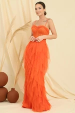 By Saygı Bead Rope Strapless Strapless Handkerchief Fringed Lined Long Tulle Dress