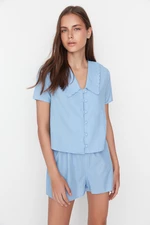 Trendyol Blue 100% Cotton Collar Detailed Viscose Shirt-Short Woven Pajamas Set