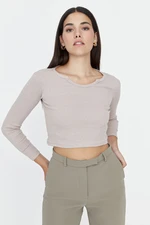 Trendyol Mink Sleeve Cuffs V Detail Ribbed Knitted Blouse