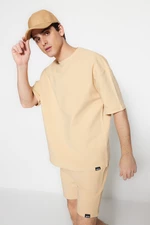 Trendyol Limited Edition Beżowy Oversize 100% Bawełniana Teksturowana Gruba Koszulka Basic