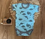 Kojenecké body, kr. rukáv Mamatti, zap. u krku, Dino park - modré s potiskem, vel. 80 (9-12m)