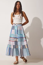 Happiness İstanbul Women's Blue Turquoise Patterned Ruffle Summer Skirt