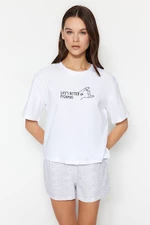 Trendyol White Striped Slogan Printed Cotton T-shirt-Shorts Knitted Pajama Set