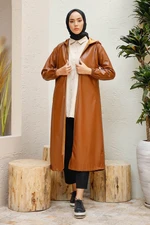 InStyle Hooded Long Leather Cape - Camel