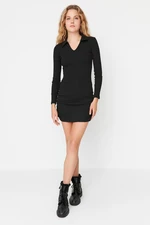 Trendyol Black Shirring Detail, Fitted Mini Polo Neck, Ribbed, Flexible Knit Dress
