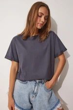 Happiness İstanbul Women's Anthracite Crew Neck Cotton Loose Knitted T-Shirt