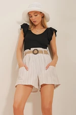 Trend Alaçatı Stili Women's Beige Striped Linen Shorts
