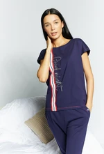 MONNARI Woman's Pyjamas Pajama Top With Rhinestone Inscription Navy Blue MONNARI Woman's Pyjamas Pajama Top With Rhinestone Inscription Navy Blue