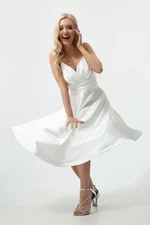 Lafaba Women's White Satin Mini Evening Dress &; Prom Dress with String Straps and Waist Belt