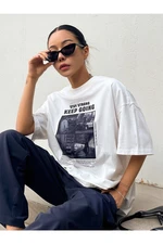 Know Women's White Keep Going Printed Oversized T-shirt