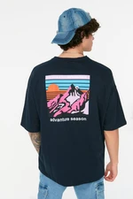 Trendyol Navy Blue Oversize/Wide Cut 100% Cotton Short Sleeve Printed T-Shirt Trendyol Navy Blue Oversize/Wide Cut 100% Cotton Short Sleeve Printed T-Shirt