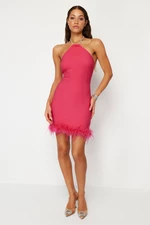 Trendyol Fuchsia Fitted Evening Dress in Weave Occlusion with Shiny Stones