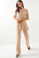 Olalook Women's Beige Top with Slits and Lower Palazzo Suit