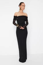 Trendyol X Zeynep Tosun Black Knitting Accessories and Gloves Detailed Long Evening Dress & Graduation Dress