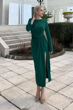 Madmext Emerald Green Basic Slit Detailed Long Sleeve Dress