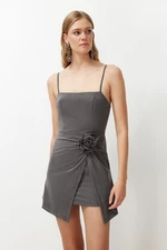 Trendyol Gray Body-Sitting Rose Detailed Woven Elegant Evening Dress