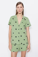Trendyol Green 100% Cotton Heart Patterned Shirt-Shorts Knitted Pajama Set