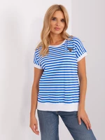Navy blue and white striped blouse with short sleeves